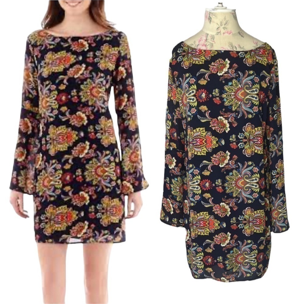 Renn Paisley shift dress with Bell sleeves, Mini, Blue, BOHO, Size Large